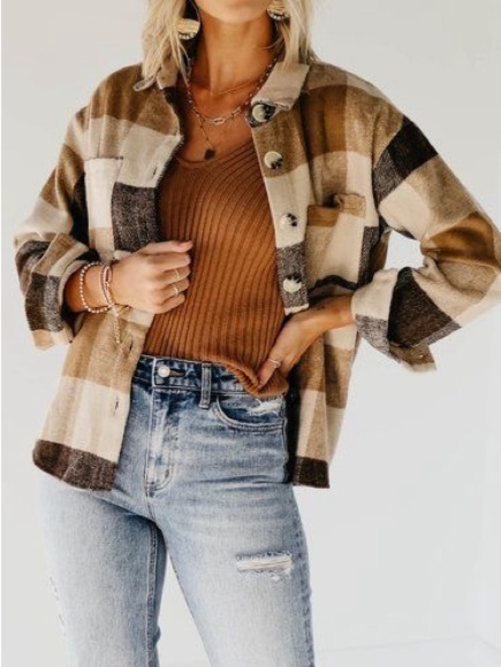 Mod Boutique Lush Beige Tan Brown Plaid Button-Front Shacket Shirt Fall Style